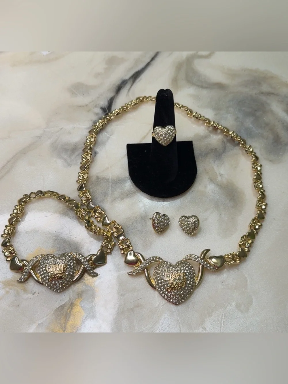 Gold Heart Pavé Necklace with 'LOVE' Accent - Gold Tone